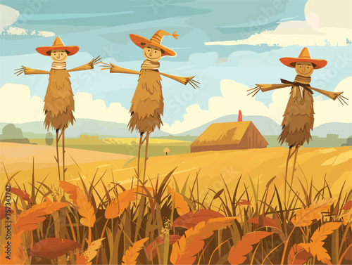 Three scarecrows guard the wheat field under the blue sky