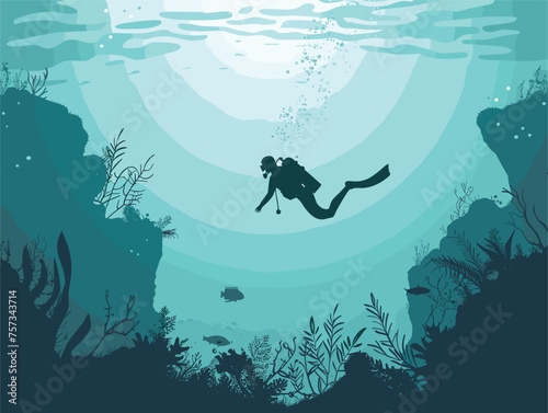 Happy scuba diver exploring underwater world near azure coral reef in aqua water