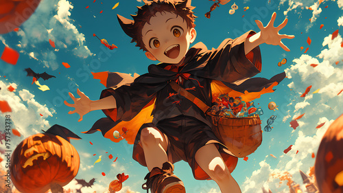 little anime boy wearing an adorable Halloween costume, throwing candy