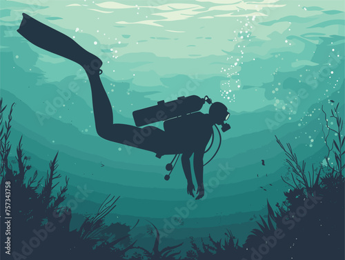 A diver explores underwater with scuba equipment in azure water