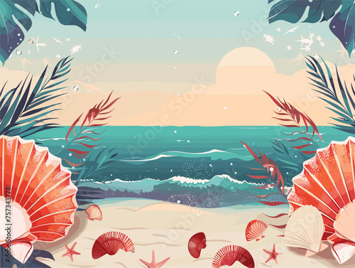 An azure painting of a beach with seashells and palm leaves