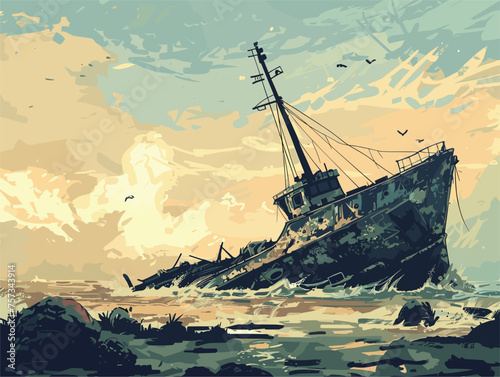 A shipwreck painting with a boat sinking in fluid water beneath a cloudy sky
