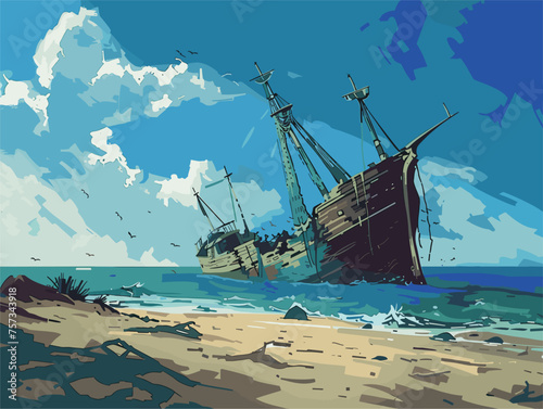 A shipwreck painted on the beach, surrounded by water, sky, clouds, and nature