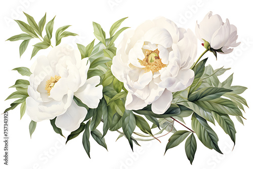 watercolor painting realistic White peony, branches and leaves on white background. Clipping path included.