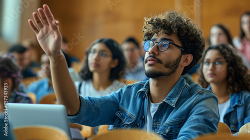 student is raising their hand in a classroom, with other students and a teacher in the background