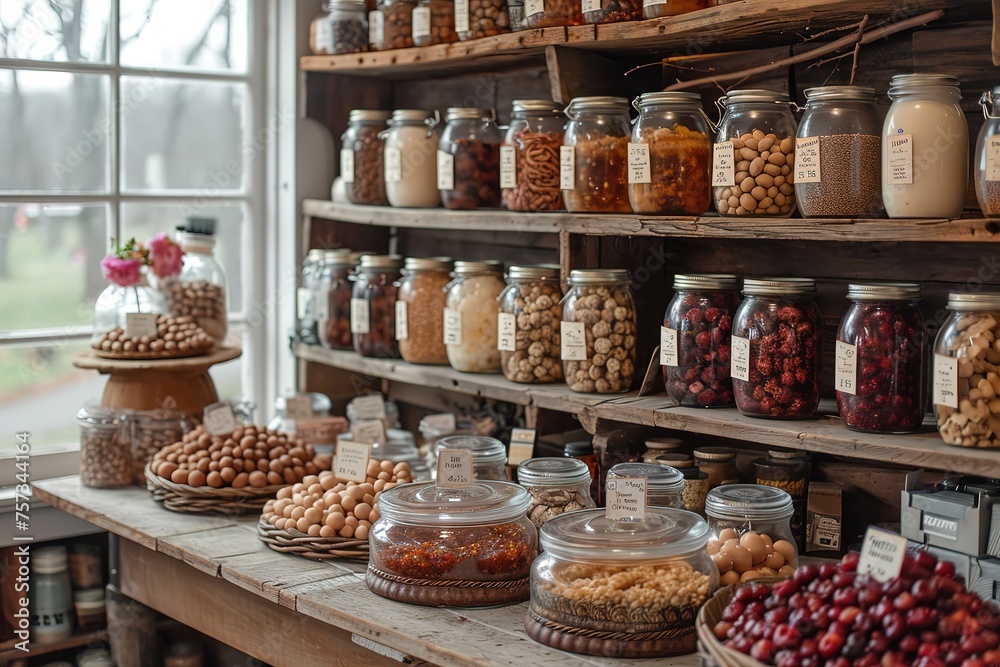 A rustic country store with shelves of homemade jams, preserves, and farm-fresh eggs A rustic country store with shelves of homemade jams, preserves, and farm-fresh eggs