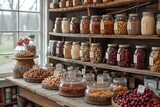 A rustic country store with shelves of homemade jams, preserves, and farm-fresh eggs