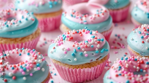 Cupcakes adorned with pink and blue frosting, pastel glaze, and marzipan