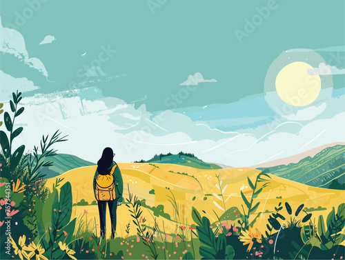 A woman with a backpack enjoying a field of flowers under azure skies
