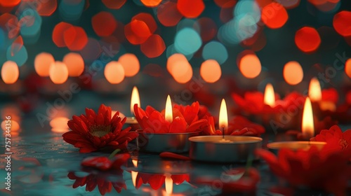 Candles  Flowers  and Bokeh Lights Illuminate the Scene
