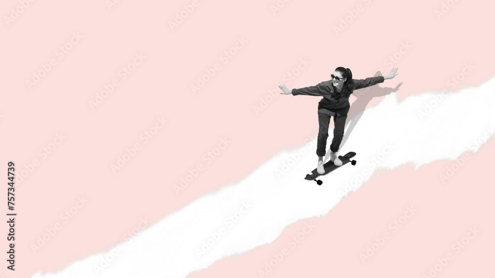 Stop motion, animation. Woman riding on skateboard on pastel background. Contemporary art. Inspiration, idea, trendy urban magazine style. Concept of vacation, leisure activity, fun, enjoyment Stop motion, animation. Woman riding on skateboard on pastel background. Contemporary art. Inspiration, idea, trendy urban magazine style. Concept of vacation, leisure activity, fun, enjoyment
