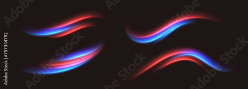 Neon car lights in motion, dynamic slow shutter speed effect. Abstract luminescent lines. Vector illustration.