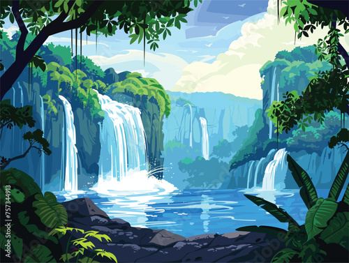A beautiful waterfall cascades through a vibrant green forest