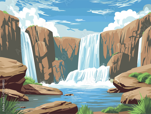 Natures beauty captured in a painting of a waterfall amidst rocks and grass