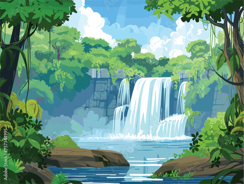 Waterfall amidst vibrant greenery in a lush forest