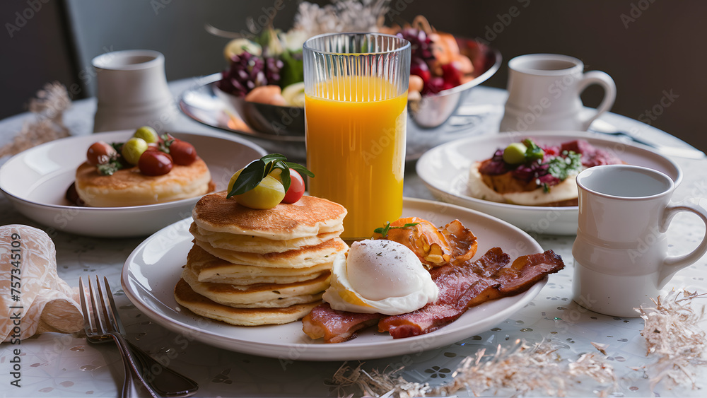Elegant Breakfast Spread with Fresh Fruits, Pancakes and Bacon Elegant Breakfast Spread with Fresh Fruits, Pancakes and Bacon