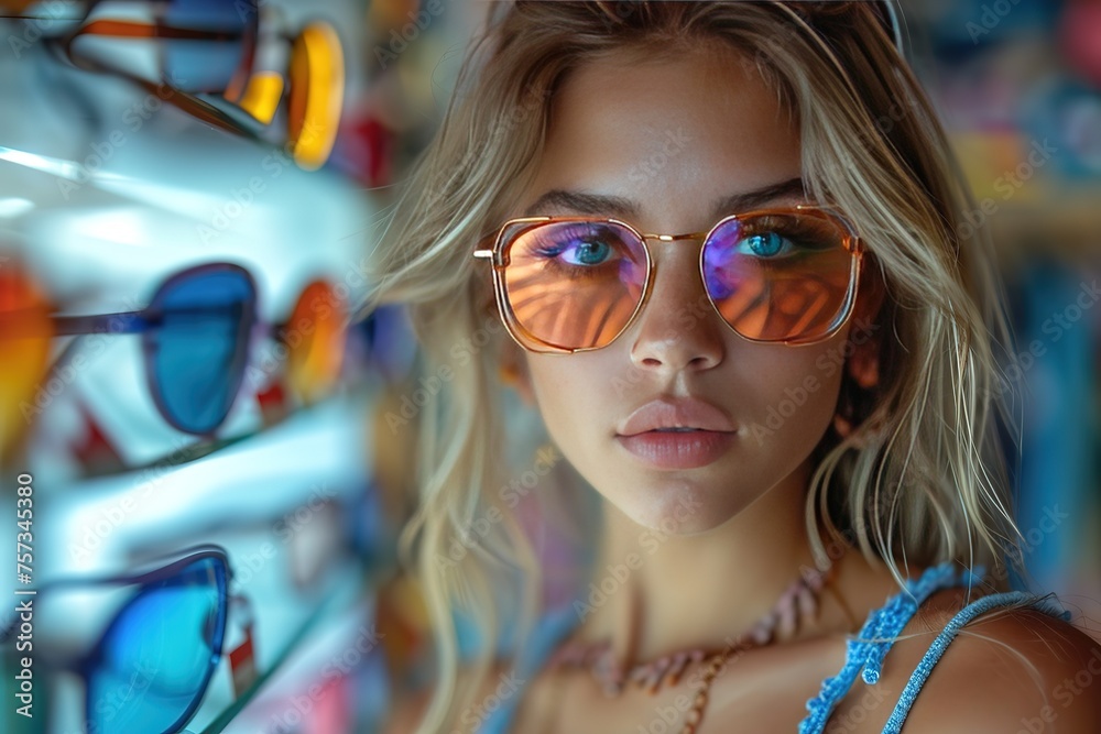 A shopper trying on sunglasses in a trendy eyewear boutique A shopper trying on sunglasses in a trendy eyewear boutique