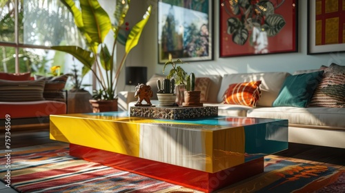 the playful charm of a colorful lacquered coffee table, adding a pop of vibrant hues to a modern and eclectic living room photo