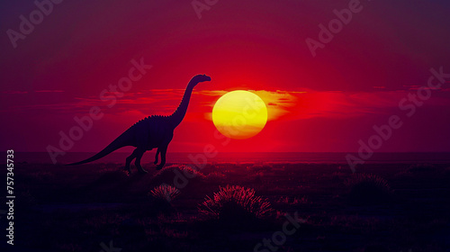 A lone dinosaur silhouette against the backdrop of a desert sunset where the sky transitions from orange to a deep red © weerasak