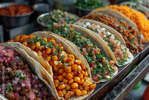 A street food cart selling tacos with a variety of toppings photo
