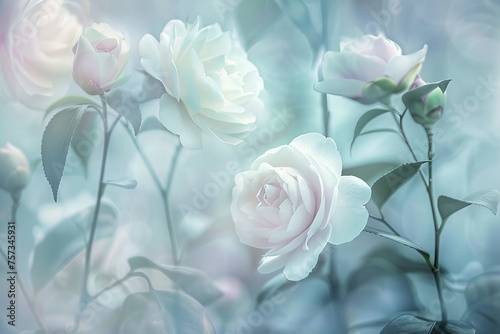 Ethereal White Roses Blooming in Serene Misty Garden Banner