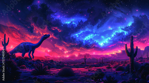 A towering dinosaur strides across a desert landscape where the cacti emit a neon glow silhouetted against a sky painted in strokes of electric blue and pink