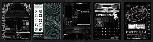Cyberpunk Concept Posters with Futuristic UI Elements. A collection of black and white cyberpunk posters featuring futuristic user interface designs and digital graphics. Black and white retro poster. © ZinetroN
