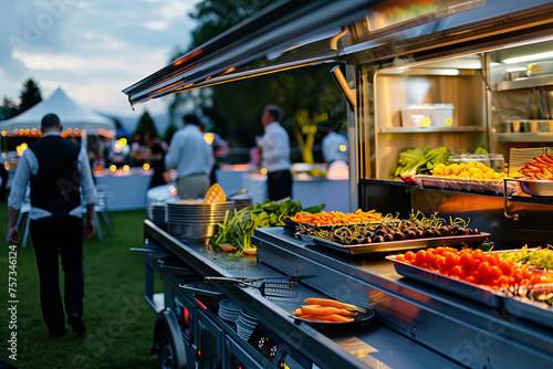 Elegant Outdoor Catering Event with Gourmet Food Stations Banner