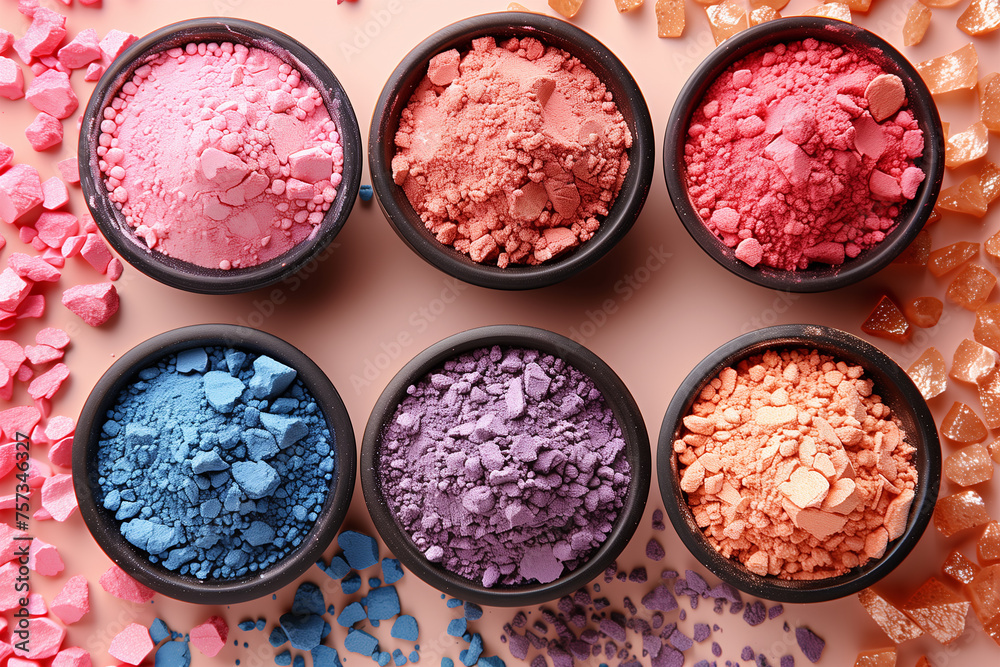 Various bowls filled with vibrant colored powders, representing the festive and colorful atmosphere of the Holi Festival of Colors