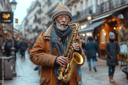 A street musician playing a saxophone in a pedestrian zone photo