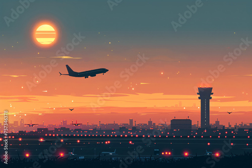 Airplane silhouette flying at sunset with airport lights