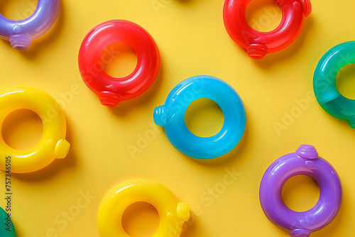 Colorful Summer Fun Inflatable Swim Rings On Yellow Background Banner © DmitrySergeevich