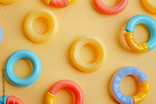 Colorful Inflatable Swim Rings on Bright Yellow Background Banner © DmitrySergeevich