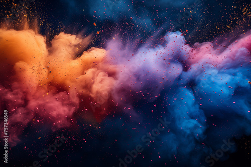 A vibrant explosion of colored smoke clouds against a black backdrop, captured during the Holi Festival of Colors