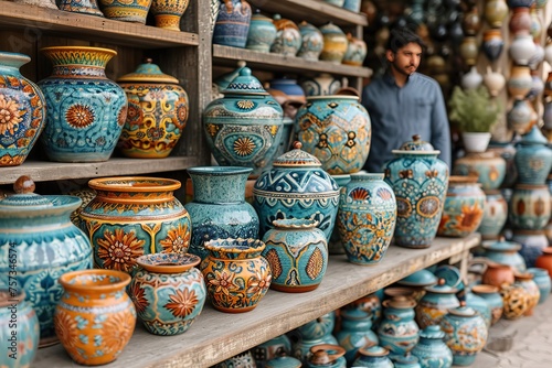 A street vendor selling colorful handmade pottery and ceramics