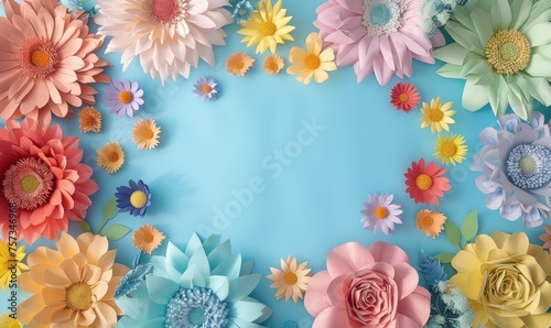 Colorful origami flowers on blue background with space for text. Mother's Day, Woman's Day, Easter, Valentine's Day, Wedding, and Birthday celebration concept. Flat lay, top view, copy space. © KrikHill