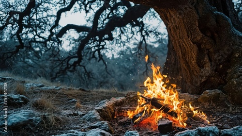 the serenity of a bonfire in a secluded oak forest, with the soft glow of flames enhancing the peacefulness of a winter evening photo