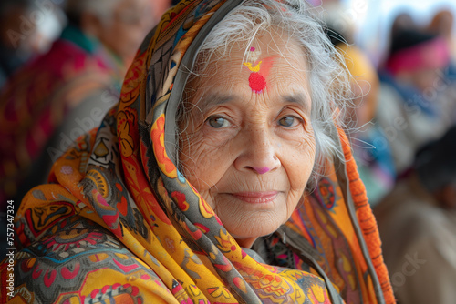 An elderly woman with a vibrant scarf wrapped around her head, celebrating at the Holi Festival of Colors