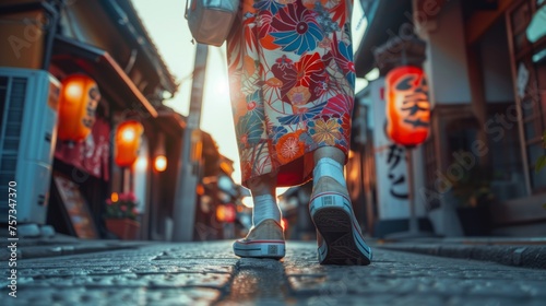 Streetside glimpse of cultural blend in attire from feet in sneakers to kimono. Modern footsteps clad in the elegance of tradition