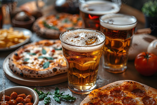 Table Topped With Pizza and Glasses of Beer