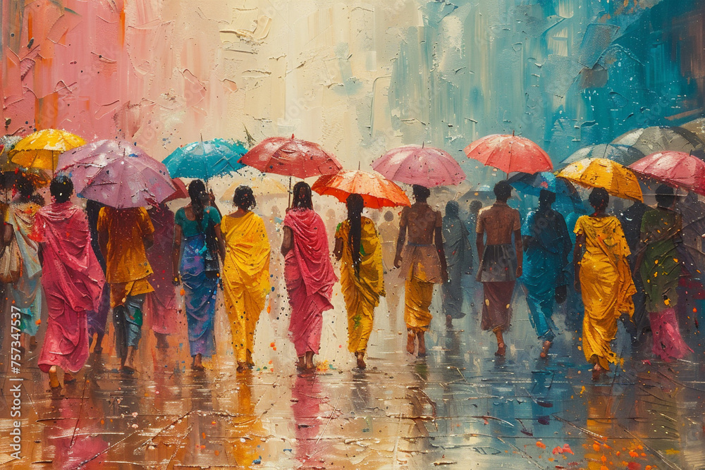 A painting depicting a group of people walking in the rain while holding umbrellas, Holi Festival of Colors