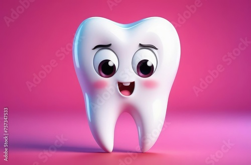 pediatric dentistry, stomatology. funny cartoon character of white tooth on colorful background.