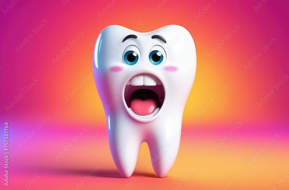 shocked cartoon character of white tooth on colorful background. pediatric dentistry, stomatology.