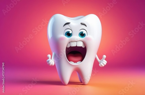 pediatric dentistry, stomatology. frightened cartoon character of white tooth on colorful background