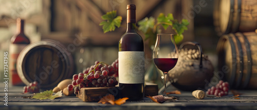Promotional charm with an unlabeled wine bottle and glass in a rustic setting and bunches of grapes