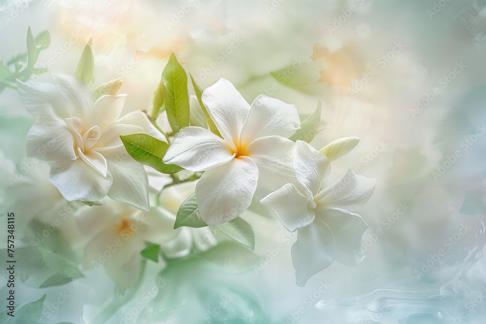 Ethereal White Plumeria Blooms Basking in Soft Light Banner