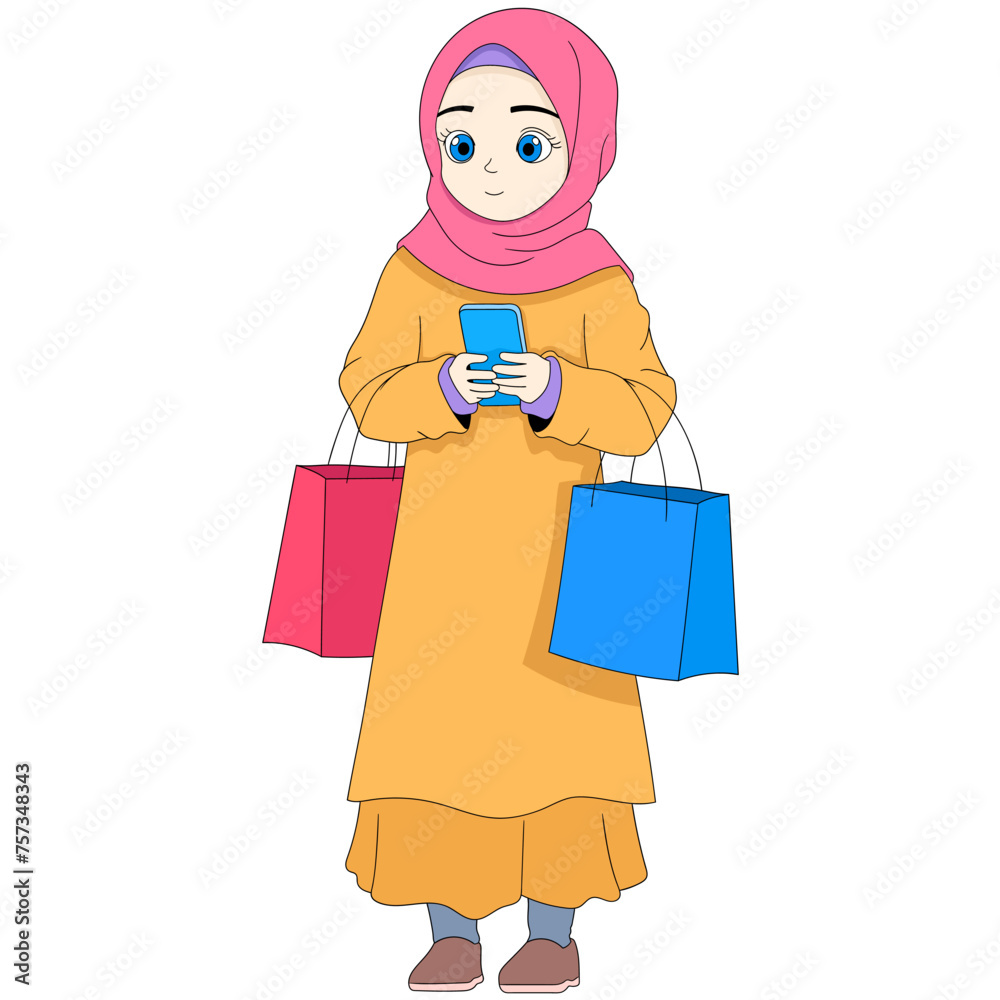 cartoon doodle illustration of daily activities, a Muslim girl wearing a hijab is walking shopping carrying shopping bags cartoon doodle illustration of daily activities, a Muslim girl wearing a hijab is walking shopping carrying shopping bags