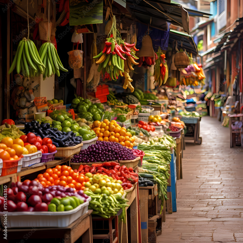Colorful market stalls with fresh fruits and vegetables