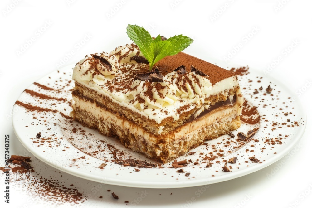Plate of tiramisu cake isolated on white Plate of tiramisu cake isolated on white
