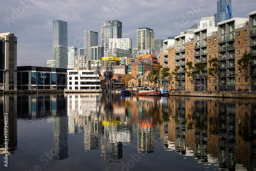 Colourful Millwall Dock skyline on the Isle of Dogs, London photo